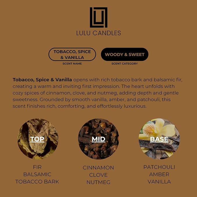 Lulu Candles | Tobacco, Spice & Vanilla | Luxury Scented Soy Jar Candle | Hand Poured in The USA | Highly Scented & Long Lasting (9 Oz. 2 Pack)