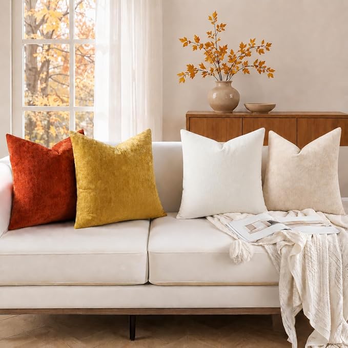 decorUhome Soft Chenille Beige Throw Pillow Covers 24X24 Set of 2 | Decorative Fall Couch Pillow Covers Solid Dyed Accent Modern Euro Sham Farmhouse Neutral Square Pillow Cases for Sofa