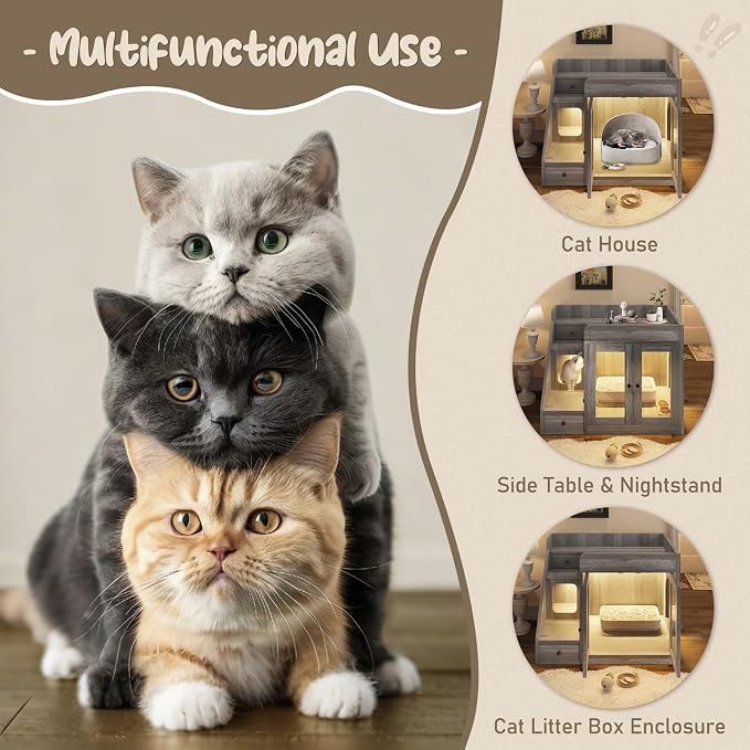 Cat Litter Box Enclosure with Light, Hidden Litter Box Furniture with 2 Storage Drawers & Smart Doors, Cat House Side Table for Living Room Entryway (Grey)