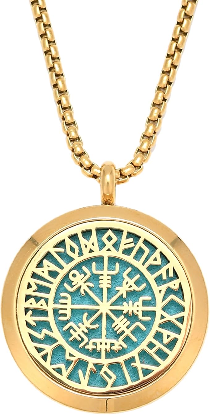 Norse Vikings Amulet Essential Oil Diffuser Necklace - Stainless Steel Locket- Best for Aromatherapy-Perfume, Fragrance, Scent Diffusers for Women (Gold)