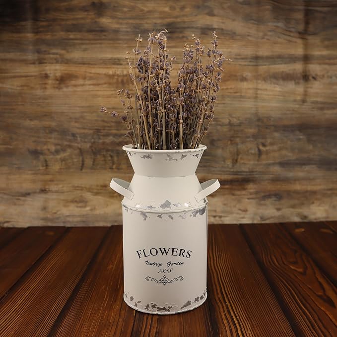 Galvanized White Milk Can Antique Retro Vase Metal Planter Rustic Vintage Primitive Flower Holder Farmhouse Country Plant for Home Office Decor, 7.5”