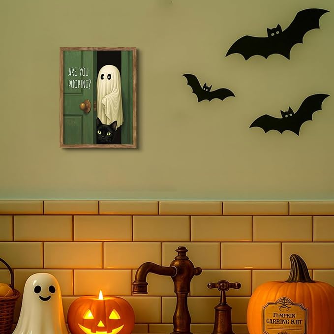 Funny Ghost Cat Halloween Bathroom Wall Art, Cute Ghost Bathroom Halloween Wall Decor Are You Pooping Picture, Vintage Framed Canvas Prints Funny Artwork for Restroom 8x10in Wood Frame
