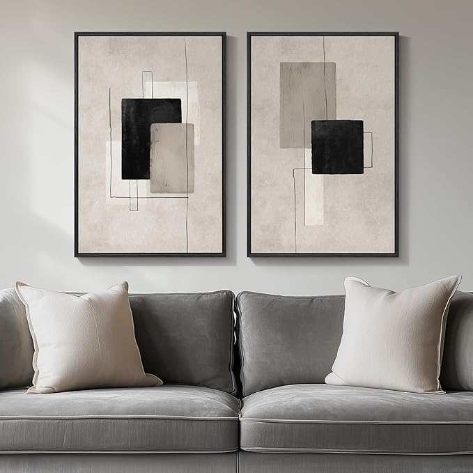 Framed Neutral Black Beige Abstract Wall Art Set of 2, Modern Minimalist Canvas Prints Paintings Artwork for Walls, Block Lines Pictures for Living Room Dining Room Bedroom Office Wall Decor 16x24 In