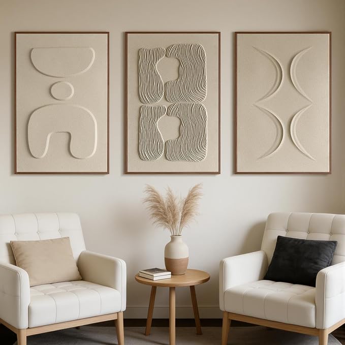 Thalasse Large 3-Piece 3D Textured Wall Art for Living Room, 24x36 Inch | Wabi Sabi Sandstone Relief Panels with Solid Wood Frames, Minimalist Wall Decor for Hallway and Entryways
