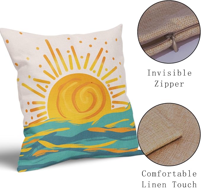 Summer Sunrise Pillow Covers 20x20 Inch Set of 2 Bright Yellow Sun Beach Rustic Throw Pillow Cases Outdoor Linen Square Cushion Cover Farmhouse Decor for Bedroom Home Sofa Couch Bed