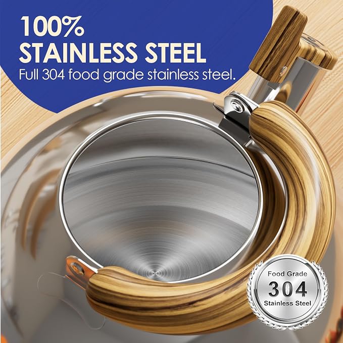 4.2 Quart Tea Kettle Stovetop Whistling for Stove Top, Handle Silver | Food Grade Stainless Steel Tea Kettles with Cool Wood Pattern Handle, Induction Compatible