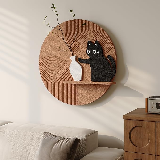 3D Textured Round Cat Wall Art with Shelf, Modern Minimalist Brown Sandstone Texture Artwork for Walls, Black Cat Geometric Wall Art Decor for Living Room, Hallway, Dining Room, Bedroom, Office, 24x24