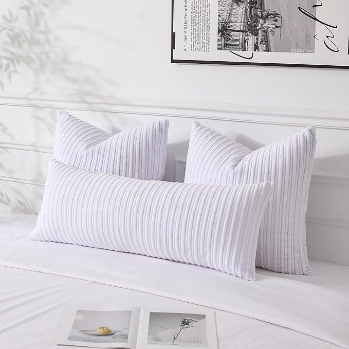 UGASA 14x36 Inch Pillow Cover Pack of 1 Soft Boho Stripe Corduroy Large Long Rectangular Lumbar Cushion Cover Farmhouse Decorative Throw Pillowcase for Bed Couch Sofa Bedroom Living Room, Pure White