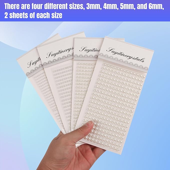 8 Sheets Rhinestone Stickers，3584 Pcs Gem Stickers for DIY Face Eyes Makeup Hair（Bead Pearl-3/4/5/6mm）