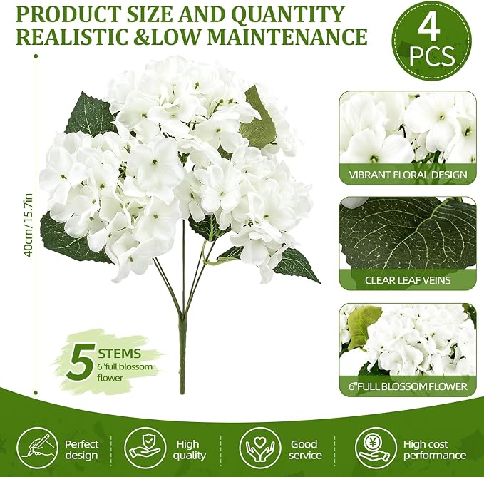 4 Pcs Hydrangea Artificial Flowers Outdoor Silk Bouquets, White UV Resistant Faux Hydrangeas Flowers for Table Vase Centerpieces Outside Party Wedding Porch Patio Planter Home Indoor Outdoor Decor