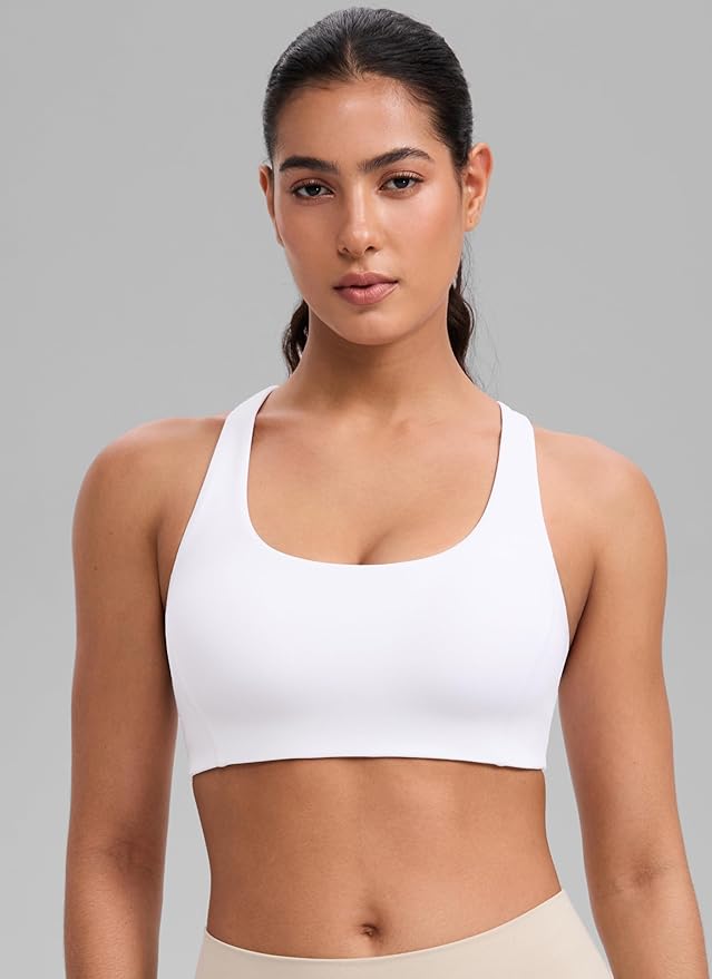 CRZ YOGA SculptAir Wide Straps Cross Back Sports Bras for Women - U Neck Medium Impact Wireless Padded Workout Top