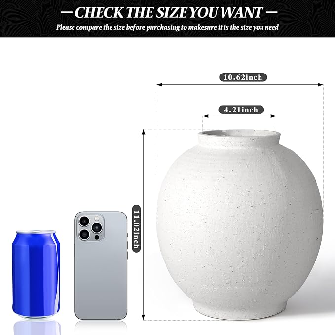 11" White Ceramic Vase, Large Round Ceramic Flower Vase | Artisan Handcrafted,Rustic Farmhouse Living Room Home Decor