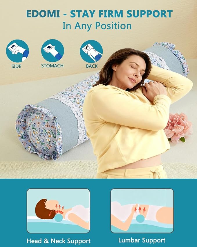 Buckwheat Hull Neck Roll Pillow -15.7" x4.7” Adjustable Firmness Cervical Support for Sleep & Yoga, Cooling Floral Cotton Cover, Ergonomic Bolster Pillow, Blue