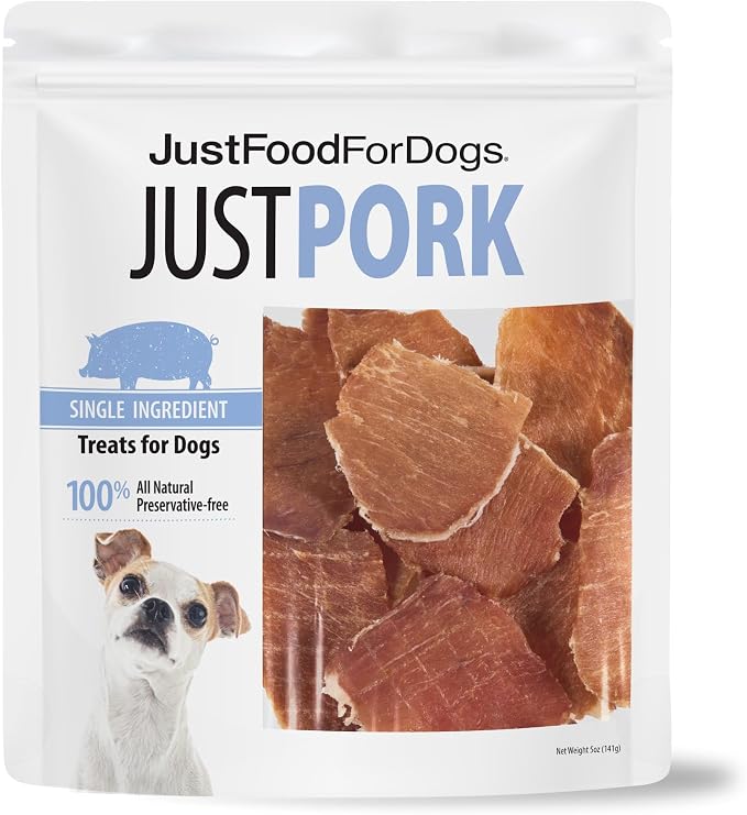 JustFoodForDogs Single Ingredient Healthy Dog Treats - Pork, 5 Oz | Human Grade Pork Treats for Dogs, Jerky Dog Snacks, Preservative & Grain Free, Rawhide Free Chews, Low Calorie Treat