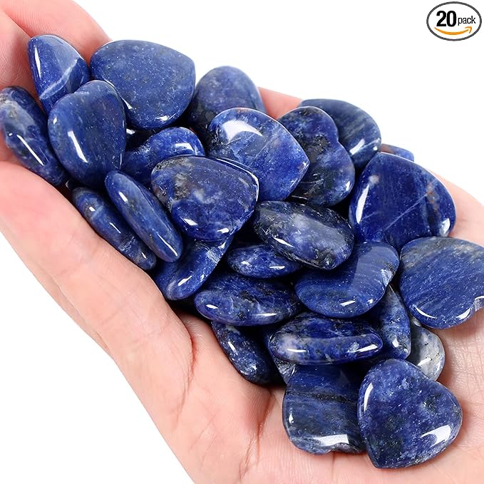 QINJIEJIE 20 PCS Sodalite Heart Crystals Natural Healing Crystal Polished Pocket Stones Mini Cute Palm Love Gemstones Set Bulk Wholesale Reiki Energy Balancing Meditation Valentine's Day Gift