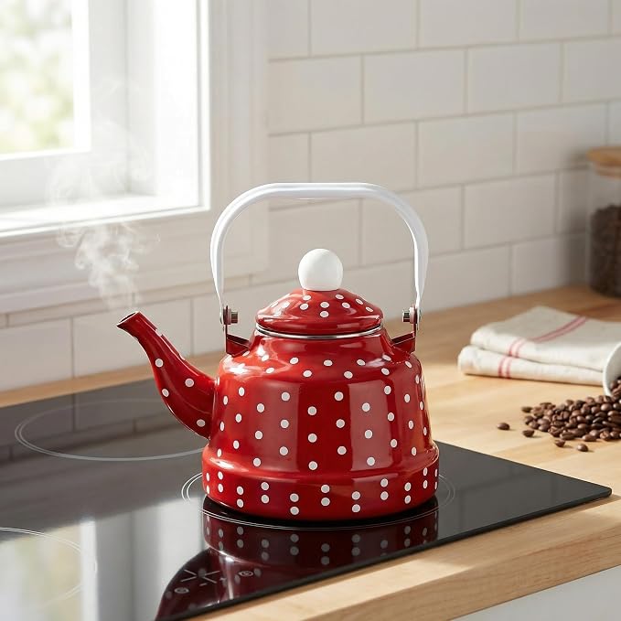 Cabilock Red Tea Kettle, 1.8 Quart Vintage Enamel Tea Kettle for Stovetop, Non-Whistling with Polka Dot Design and Ceramic-Style Handle, Retro Kitchen Decor Water Pot for Home Coffee