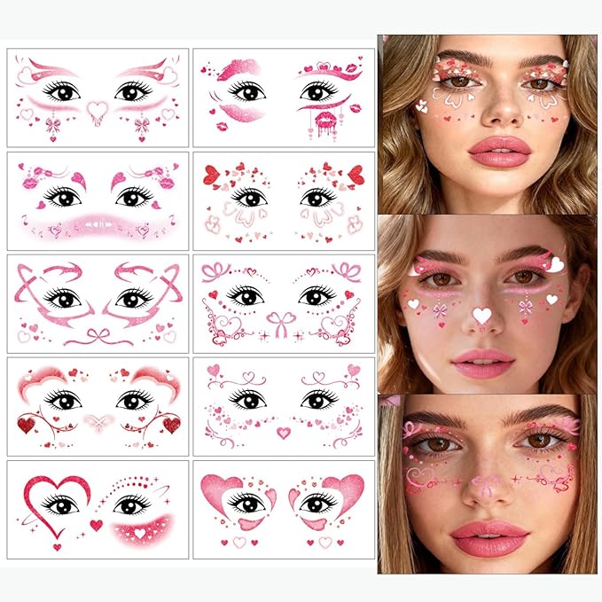 Valentine's Day Temporary Tattoos Hearts Bow Blush Face Tattoos Mixed Styles Cartoon Pink Red Love Bowknot Eye Fake Tattoos Cute Stickers Waterproof Face Stickers for Girls Body Art Makeup 10 Sheets
