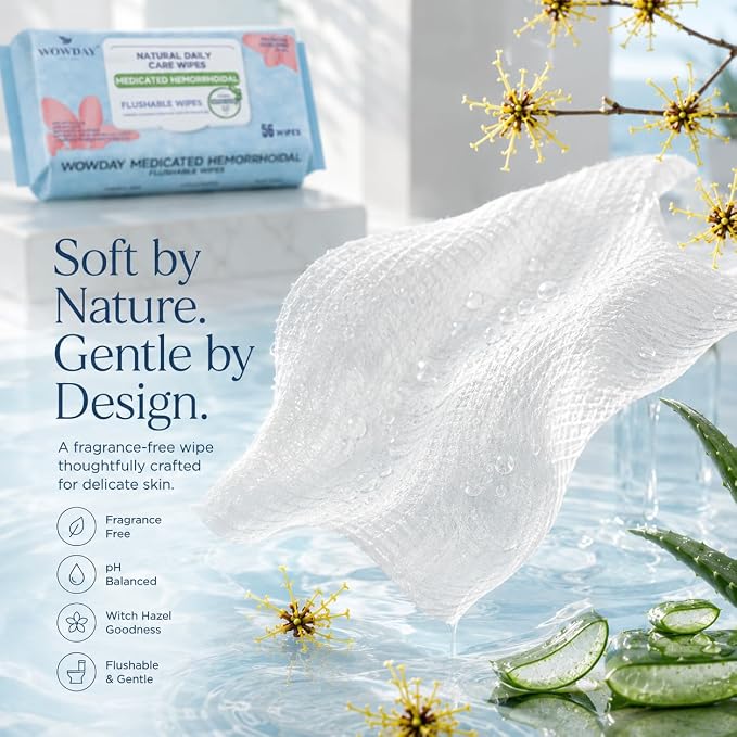 Flushable Hemorrhoid Wipes | Medicated Witch Hazel Wipes Ph Balanced | 120 Count Natural Fragrance Free Adult Hemorrhoids Witch Hazel Wipe for Butt Itch