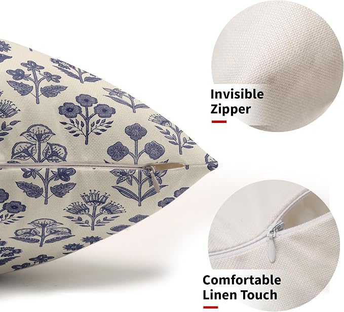 Navy Blue Floral Pillow Covers 12x20 Inch Set of 2, Block Print Lumbar Flower Cream Decorative Throw Pillowcases Outdoor Farmhouse Rectangle Cushion Covers Spring Summer Sofa Couch Bed Decor