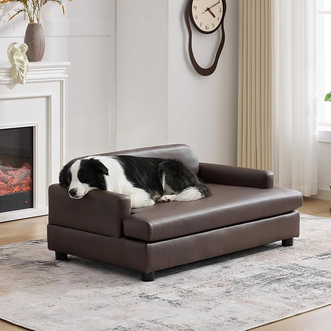 Luxury Dog Sofa Bed Elevated Pet Couch with Durable Waterproof Leather | Dog Couch with Orthopedic Sponge, Modern Furniture Style Dog Lounge & Pet Bedside Step, for Medium/Large Dogs, Brown