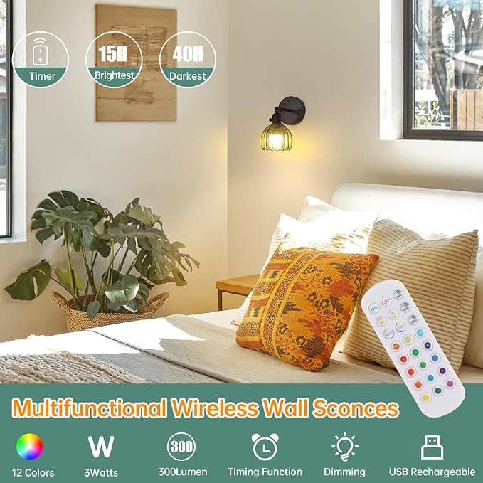 Shenmoyl Vintage Battery Operated Wall Sconce with Green Tulip Glass Lampshade Rechargeable Battery Powered Black Wall Light with Remote Control for Bedside Bedroom Doorway