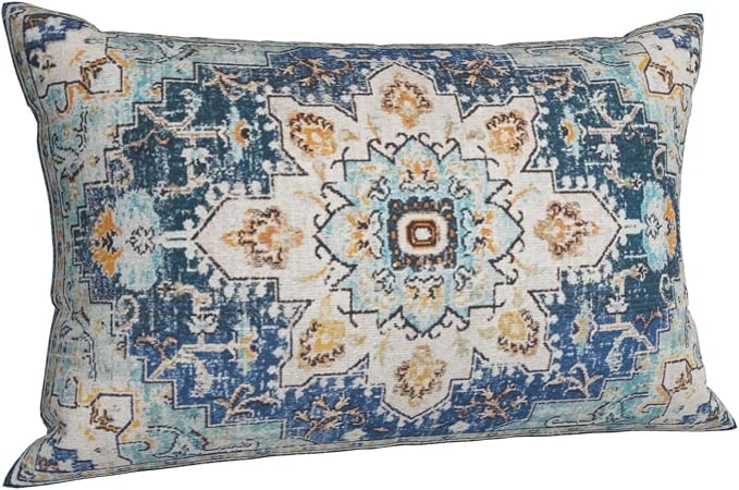 AEIOAE Boho Pillow Covers 12x20 Inch Set of 2,Carpet Pattern Throw Pillows Case,Blue Yellow Ethnic Design Outdoor Decorative Square Linen Farmhouse Decor Cushion Covers for Home Sofa Bed Couch