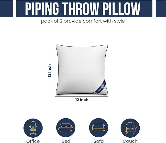 Utopia Bedding 12x12 Throw Pillow Inserts, Decorative Pillows, Pack of 2 | Piping Throw Pillows, Plush & Supportive, Aesthetic Cushion Sham Stuffer for Sofa, Office, Couch & Bed, Set of 2, White
