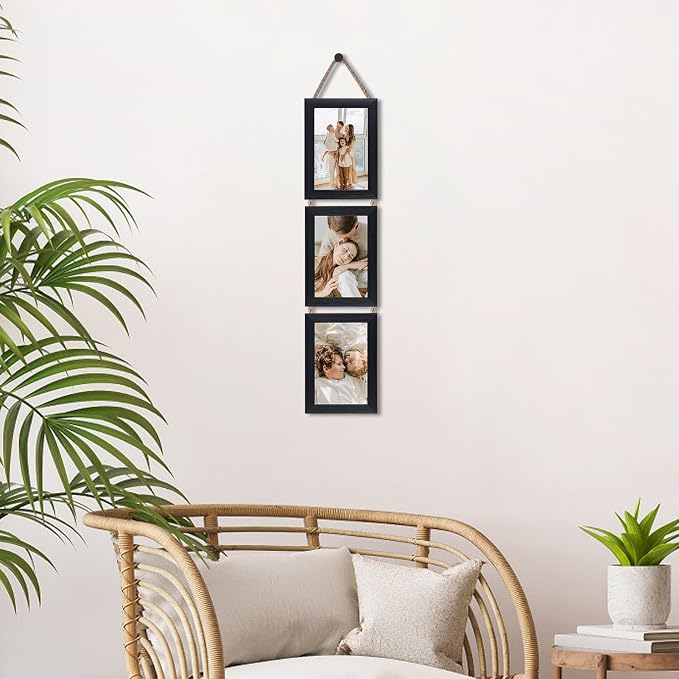 QUTREY 4x6 Picture Frames Collage Black, 3 Openings 4 x 6 Vertical Hanging Photo Frames Display 4 by 6 inch Pictures for Wall Decor