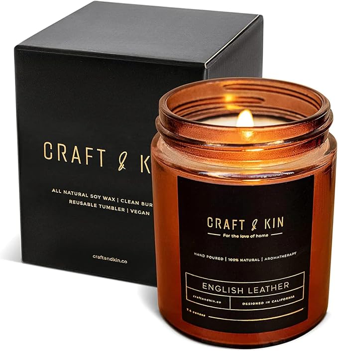 Craft & Kin Premium English Leather Scented Candle – Long Lasting, 45 Hour Burn Time – Luxury Natural Soy Scented Candle – Room Decor and Aromatherapy – 8 oz