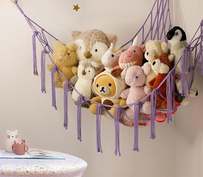 Stuffed Animal Storage Hammock or Net - Toy Hammock Net for Stuffed Animals Corner - Hanging Stuff Animal Organizer Holder Ideas for Plush Plushie - Purple Kids Baby Nursery Wall Bedroom Room Decor