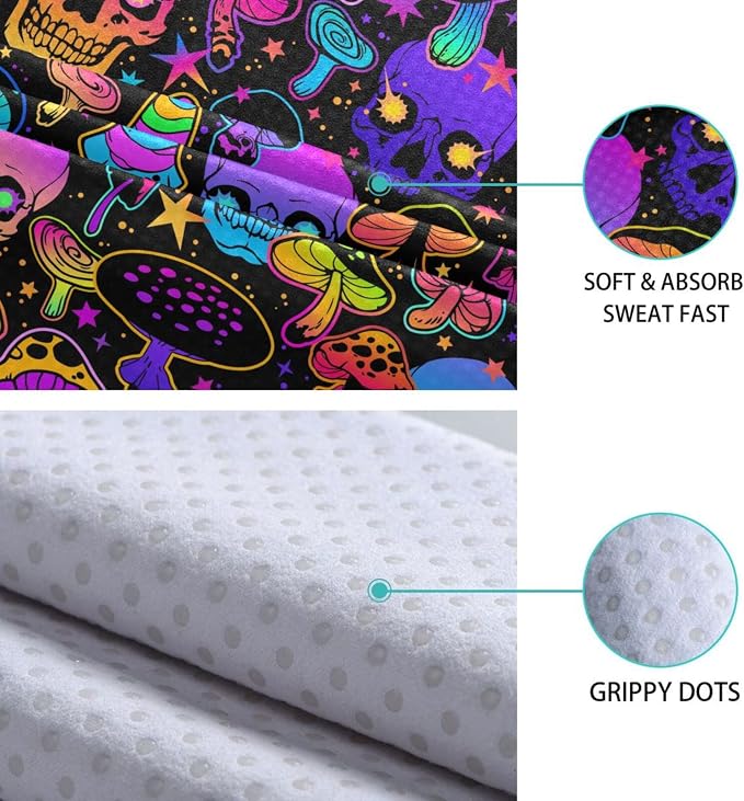 Colorful Skull Mushroom Yoga Towel, Non-Slip Hot Yoga Mat Towel Sweat Absorbent for Pilates and Workout 73 x 27 in