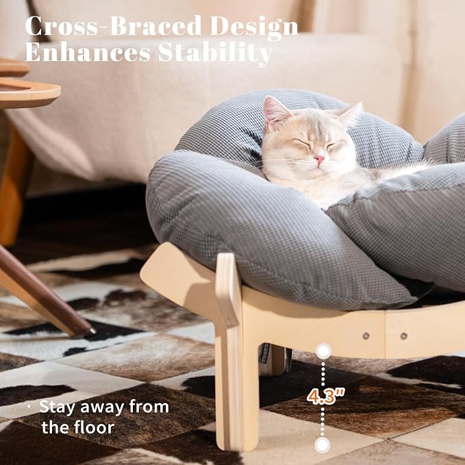 Elevated Cat Bed for Indoor Cats Couch Sofa Flower | Pet Beds with Soft Washable Cushion, Stable Wooden Frame, Raised Cat Hammock & Furniture for Kitty & Puppy All-Season(Gray)