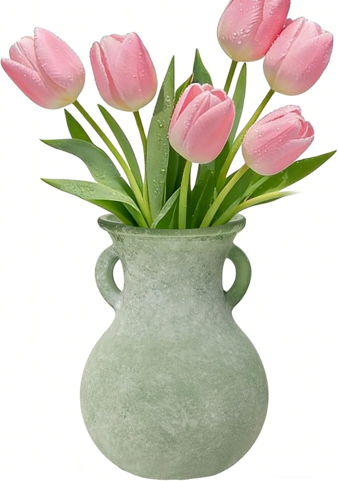 Green Glass Vase with Handles, 7.5 Inch Rustic pottery Style Flower Vase, Vintage Decorative Round Bud Jar for Dried Flowers, Earthy Aesthetic Centerpiece for Modern Farmhouse & Boho Spring Home Decor