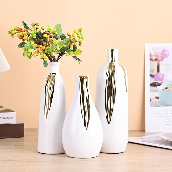White and Gold Vase Set of 3, Modern Ceramic Decorative Vases for Living Room, Bedroom, Art Decor, Mantle, Home Event Decor, Office Decorative, Weddings, Rustic & Farmhouse (White Gold)