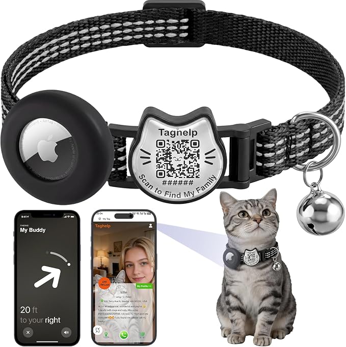 Cat Collar with AirTag Holder, QR Code Tag and Bell (Black)