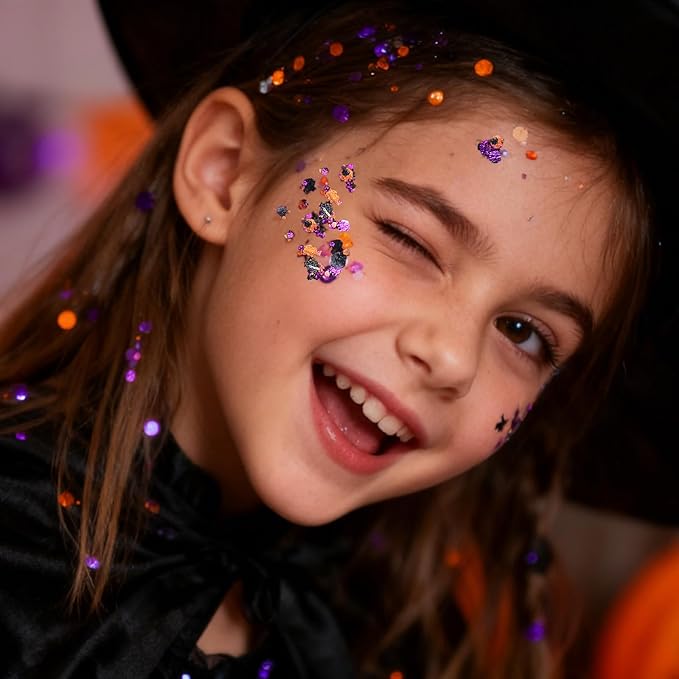 Mysense Halloween Body Glitter Stick, Black Purple and Orange Face Hair Glitter for Kids Women, Festival Rave Pride Accessories, Sparkling Chunky Glitter Makeup, 0.56oz