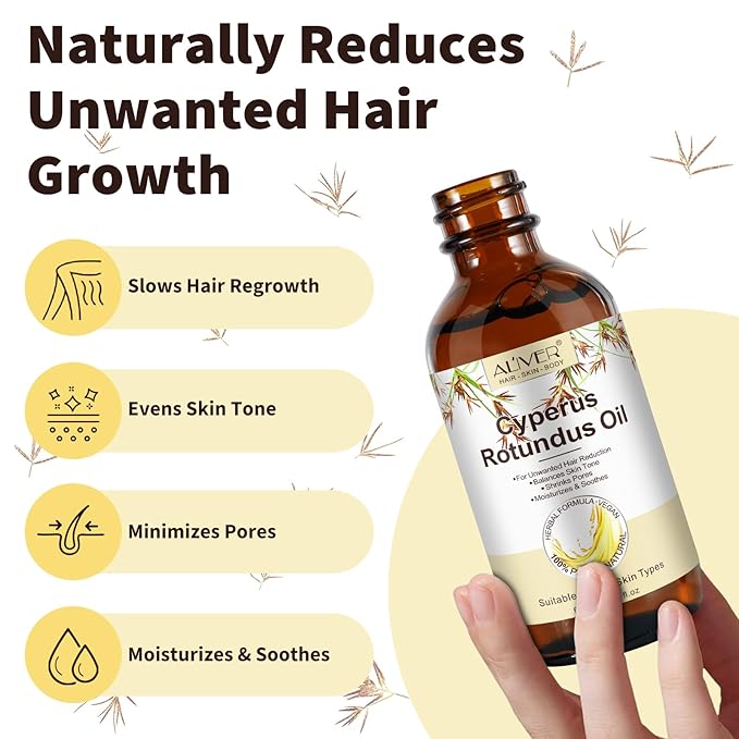 Cyperus Rotundus Oil for Hair Removal, 2PCS 100% Pure Natural Body and Facial Hair Removal for Women, Reduces Unwanted Hair Growth After Shave, Shrink Pores, Hydrates, Soothes and Repairs Skin