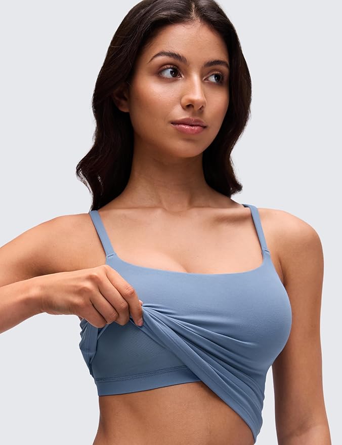 CRZ YOGA Softretch U Back Camisole Tank Tops for Women - Scoop Neck Padded Spaghetti Straps Soft Yoga Crop Top