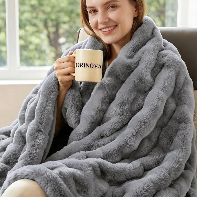 ORINOVA Grey Throw Blanket for Couch Soft Fuzzy Faux Fur Bubble Fluffy Plush Blankets for Women Sofa Accent Warm Cozy 50x60 Blanket for Living Room Bedroom Home Decor