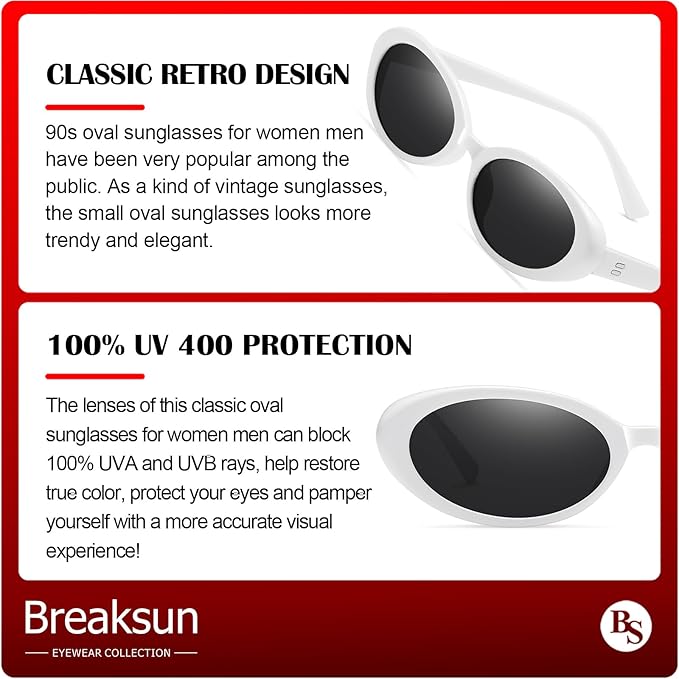 Breaksun Retro Oval Sunglasses for Women Men Fashion Small Oval Sunglasses 90s Vintage Shades