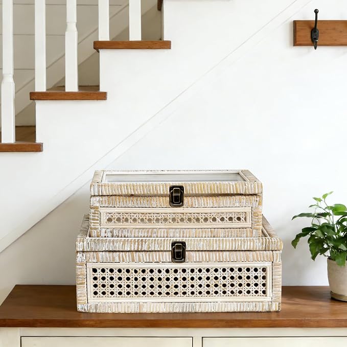 Set of 2 Rattan and Cane Stacking Boxes ,12" and 14", White Wash | With Glass Top Lid - For Boho and Rustic Farmhouse Decor