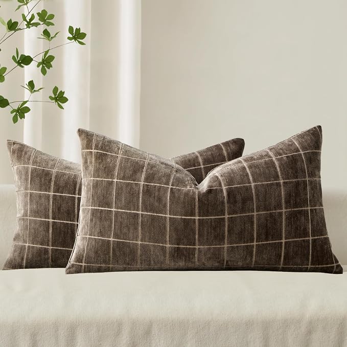 MIULEE Brown Plaid Decorative Fall Lumbar Pillow Covers 12x20 Set of 2 | Vintage, Check Chenille Couch Pillows, Boho Farmhouse Cushion Covers, Modern Home Decor for Sofa Bed Living Room