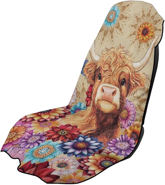 INSTANTARTS Dahlia Highland Cow Car Seat Cover Protector Sweat Towel Multi-Functional Car Towel