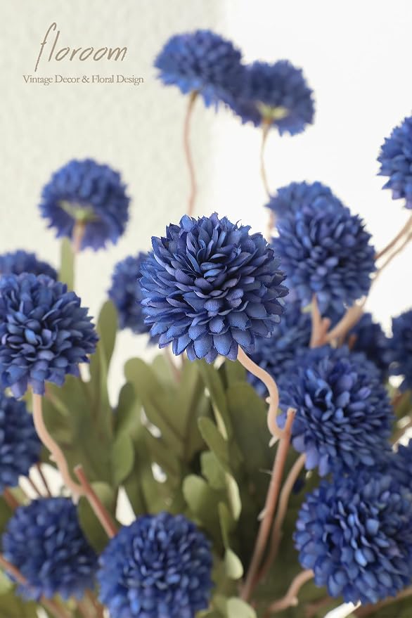 5pcs Royal Blue Faux Silk Mums Artificial Flowers, Bulk Fake Small Mini Chrysanthemums with Stems for DIY Wedding Centerpieces Floral Arrangements Vase Fillers Home Decorations
