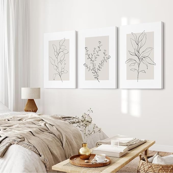 Youillne Neutral Botanical Prints Wall Art Decor Plant Minimalist Canvas Pictures Vintage Beige Wall Art Modern Farmhouse Line Poster Boho Abstract Painting Artwork for Bedroom 24x36 Inch Set of 3