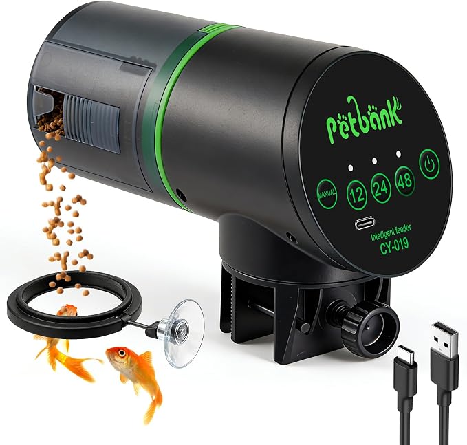 Automatic Fish Feeder for Aquarium Easy Setup & 12/24/48H Interval | 200ML USB-C Rechargeable Auto Food Dispenser for Flakes & Pellets, Vacation Feeding for Small Tank Betta Koi Turtle