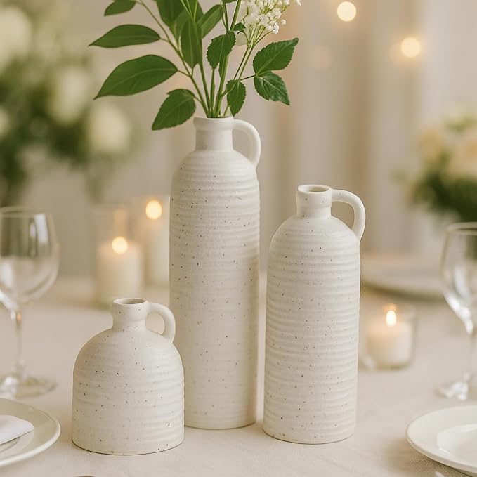 White Polka Dot Vase Set of 3, Ribbed Jugs with Handles for Home Decor | Ceramic finish for rustic farmhouse tables, shelves, mantels and flower displays