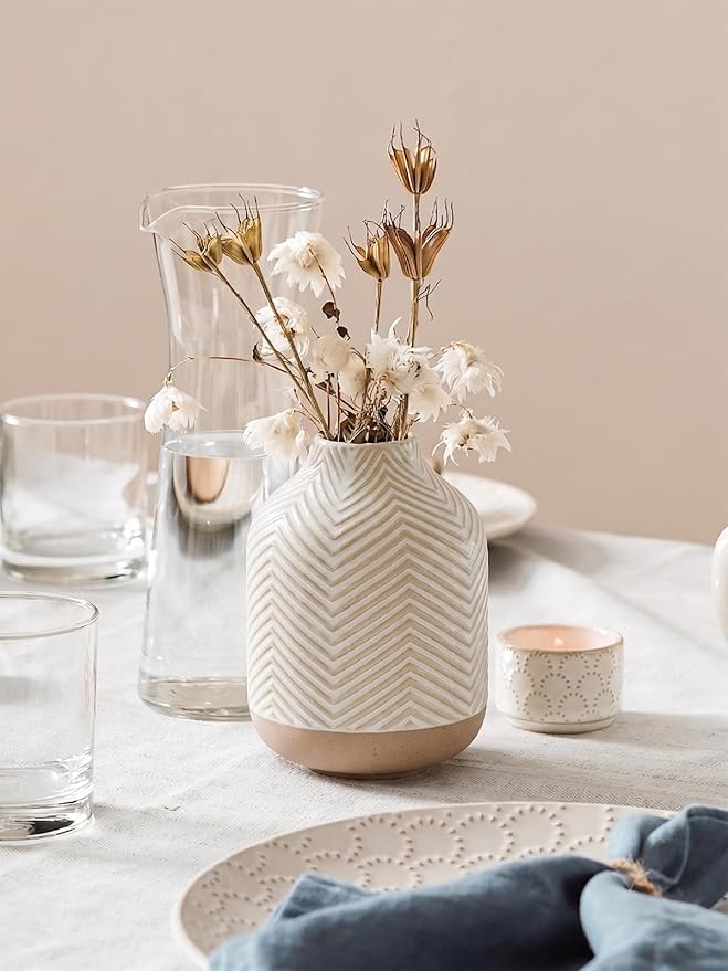 Small Boho Vase for Decor,Rustic Farmhouse Vase for Pampas Grass,Eucalyptus Set and Tiny Stem Flowers,Ceramic for Centerpieces, 5.3 Inch,Wave-Arctic White