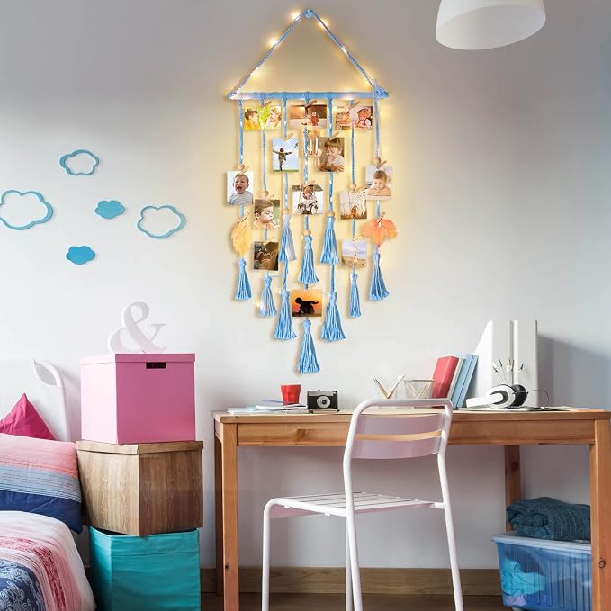 Hanging Photo Display Wall Decor, Blue Macrame Hanging Boho Room Bedroom Decor, Picture Frame Collage with Light & 30 Clips, Christmas Teenage Teen Girl Gifts Ages 10 11 12 13 14 Years Old