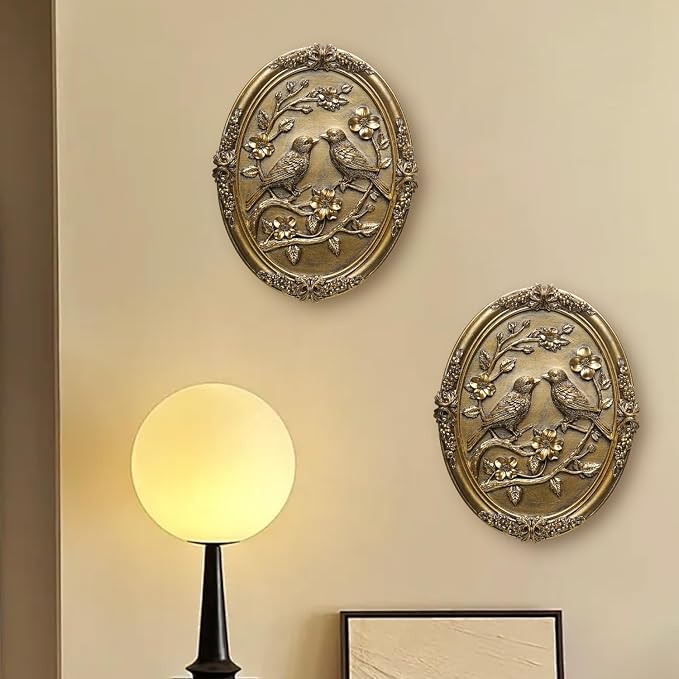 Vintage Bird Wall Art 2 Pack Antique Wall Decor Retro Wall Art Bird Wall Sculpture Hand Painted Wall Decoration with Embossed Birds Design Vintage Decor for Living Room Bedroom Gallery Unique Gifts (Gold Birds)